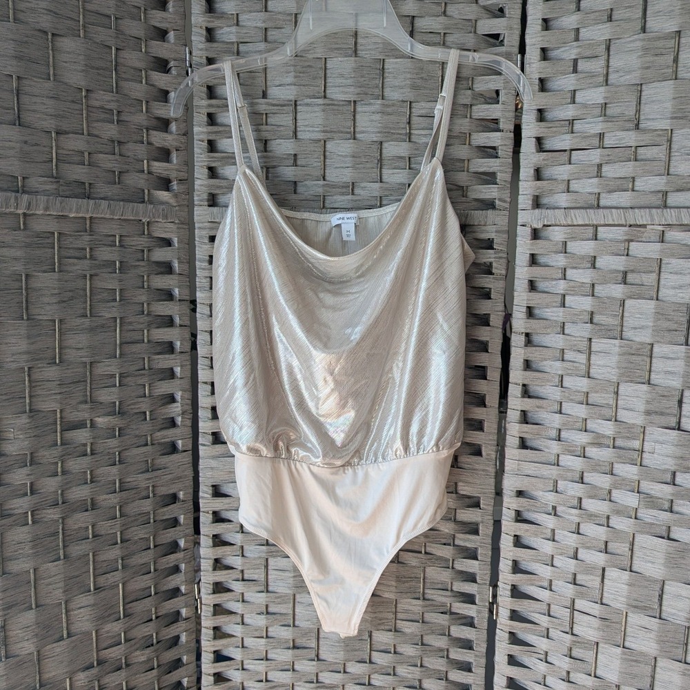 Bodysuit Champagne Gold Metallic Cowl Neck Sz M Shimmer Going Out Chic Feminine